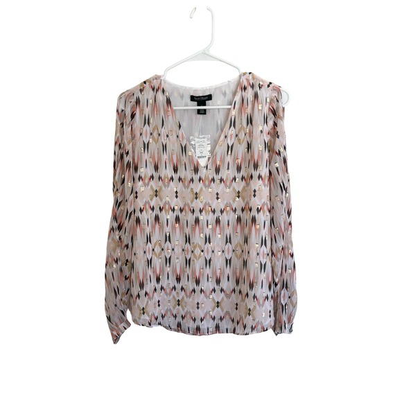White House Black Market Tops - White House Black Market Sheer Metallic Geometric Blouse Size 6 Pink Gold L Boho